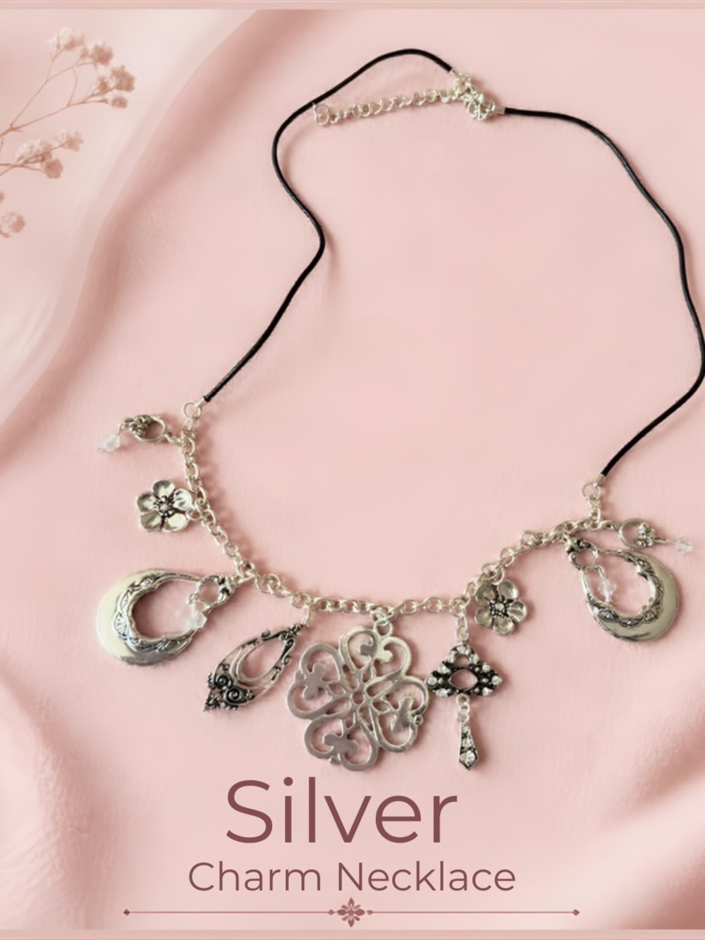Fashion Jewelry Silver Charm Necklace with Black Cord